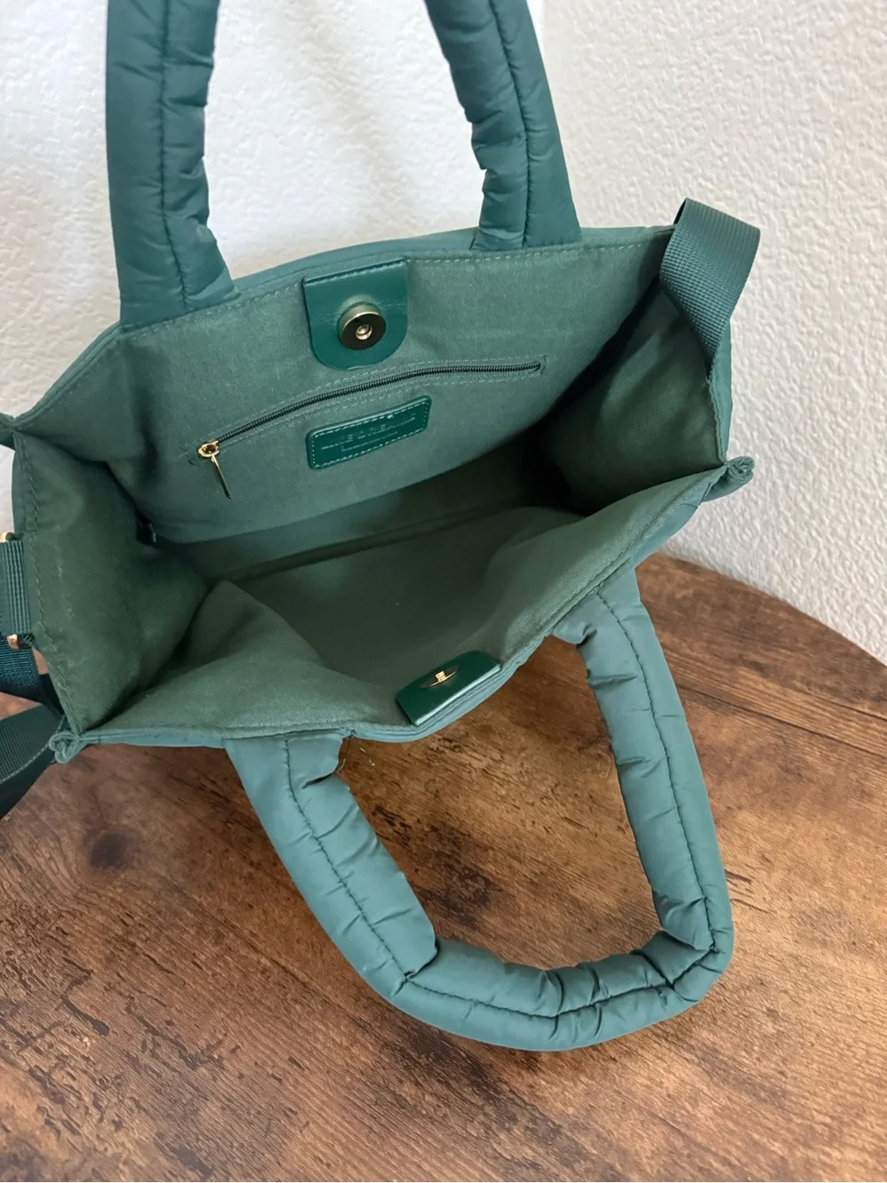 Like Dreams Quilted Puffer Heart Embossed Tote Shoulder Bag Deep Forest Green